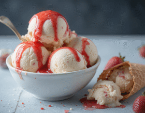 Lilo-Stitch-Inspired-Ice-Cream-Recipes-–-Aloha-From-Hawaii-To-Outer-Space-Image-8-the-fallen-cone-bowl-of-vanilla-ice-cream-with-strawberry-sauce-and-fallen-cone-by-the-side-Frosted-Fusions