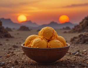 May The Fourth Be With Your Ice Cream Scoops – Join The Frozen Side image 1 bowl of mango ice cream with tatooine backdrop and two moons Frosted Fusions