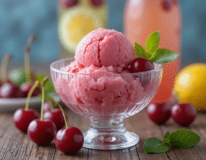 McDonald’s New Menu Is Here — But Can The McFlurry Machine Handle It image 3 glass dish of Cherry lemonade sorbet with fresh cherries and lemonade Frosted Fusions