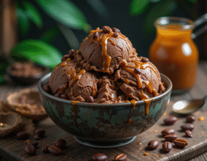 Minecraft-Inspired Ice Cream Recipes – Scoops From The Blocky World Image 8 Jungle Cocoa bean bowl of dark chocolate ice cream with cocoa beans and jar of caramel sauce Frosted Fusions