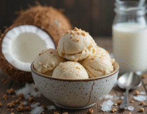 Vegan-Desserts-Exciting-Healthy-Unique-Plant-Based-Ice-Cream-Recipes-image-1-Coconut-Chai-Latte-ice-cream-in-a-bowl-with-fresh-coconut-in-the-background-Frosted-Fusions