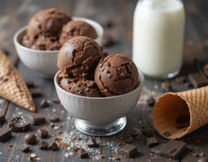 The-Ultimate-Chocolate-Ice-Cream-Guide-For-World-Chocolate-Day-Image-1-bowls-and-waffle-cones-with-chocolate-ice-cream-with-coconut-milk-Frosted-Fusions