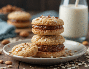 Dairy-Free-Ice-Cream-Sandwiches-–-Cool-Creamy-Completely-Inclusive-image-3-plate-with-ice-cream-sandwiches-stacked-with-chocolate-ice-cream-filling-and-almond-milk-and-fresh-almonds-Frosted-Fusions