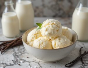 Learn-To-Make-Homemade-Ice-Cream-–-The-Basics-4-Easy-Starter-Recipes-image-1-bowl-of-vanilla-bean-ice-crea-with-fresh-vanilla-pods-and-bottles-of-milk-and-cream-in-the-background-Frosted-Fusions