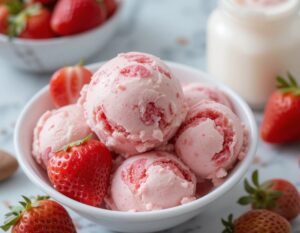Learn-To-Make-Homemade-Ice-Cream-–-The-Basics-4-Easy-Starter-Recipes-image-2-bowl-of-strawberry-ice-cream-with-fresh-strawberries-and-jar-of-cream-in-the-background-Frosted-Fusions