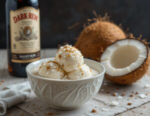 Learn To Make Homemade Ice Cream – The Basics, & 4 Easy Starter Recipes image 4 bowl of rum and coconut ice cream with fresh coconut and a bottle of dark rum in the background Frosted Fusions