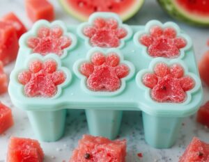 Paw-sitively-Cool-Frozen-Treats-For-Cats-And-Cool-Canines-Too-Image-4-watermelon-cubes-for-cats-in-paw-moulds-with-fresh-watermelon-in-the-background-Frosted-fusions