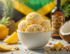 Rum-In-The-Sun-–-Caribbean-Inspired-Ice-Cream-Recipes-Image-1-bowl-of-ice-cream-with-tropical-background-with-fresh-pineapple-mango-and-coconue-and-a-botlle-of-Rum-and-Jamaican-flag-Frosted-Fusions