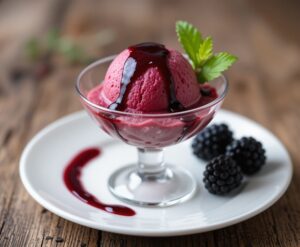 How to Use 2kg of Freshly Picked Blackberries update Sep25 image 2 glass dish of blackberry sorbet with blackberry coulis and fresh berries Frosted Fusions
