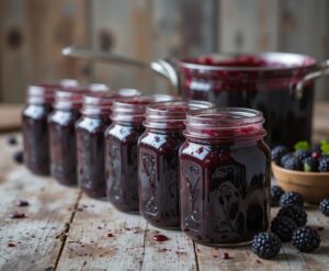 How to Use 2kg of Freshly Picked Blackberries update Sep25 image 4 row of blackberry jam jars with saucepan in background and fresh blackberries Frosted Fusions