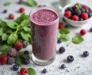 The-Ninja-Blast-Portable-Blender-A-Detailed-Review-Image-9-a-berry-green-Smoothie-in-tall-glass-with-fresh-berries-and-spinach-to-the-side-Frosted-Fusions
