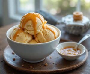 A-Delicious-and-Easy-Homemade-Butterscotch-Ice-Cream-image-8-bowl-of-butterscotch-ice-cream-with-butterscotch-drizzled-atop-Frosted-Fusions