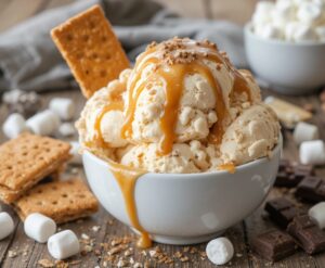 Smores-Homemade-Ice-Cream-Recipe-Ideas-image-10 bowl of Smores Ice Cream with caramel sauce drizzled and topped with marshmallows and chocolate Frosted Fusions