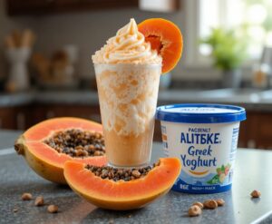 Homemade-Tropical-Papaya-Ice-Cream-Sorbet-Froyo-Recipes-To-Beat-The-Winter-Blues-image-7-tall-glass-with-papaya-froyo-with-fresh-papaya-to-the-side-frosted-fusions
