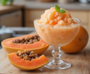 Homemade-Tropical-Papaya-Ice-Cream-Sorbet-Froyo-Recipes-To-Beat-The-Winter-Blues-image-8-bowl-of-papaya-sorbet-with-fresh-papaya-to-the-side-frosted-fusions
