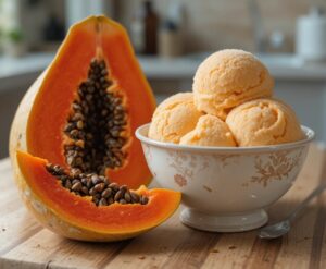 Homemade-Tropical-Papaya-Ice-Cream-Sorbet-Froyo-Recipes-To-Beat-The-Winter-Blues-image-9-papaya-ice-cream-in-bowl-with-fresh-papaya-to-the-side-frosted-fusions