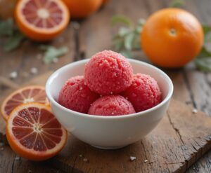 Learn-How-To-Make-The-Perfect-Blood-Orange-Sorbet-image 7-blood-orange Sorbet in white bowl with fresh blood orange to the side-Frosted-Fusions Learn-How-To-Make-The-Perfect-Blood-Orange-Sorbet-image 7-blood-orange Sorbet in white bowl with fresh blood orange to the side-Frosted-Fusions