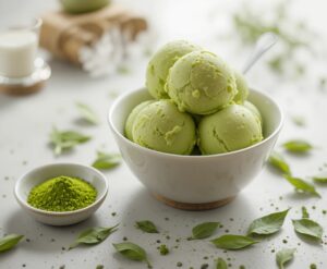 Homemade-Matcha-Ice-Cream-Recipe-A-Taste-Of-Japan-image-6-bowl-of-green-matcha-ice-cream-with a dish of matcha powder and green leaves Frosted-Fusions Homemade-Matcha-Ice-Cream-Recipe-A-Taste-Of-Japan-image-6-bowl-of-green-matcha-ice-cream-with a dish of matcha powder and green leaves Frosted-Fusions