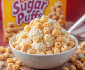Cereal-ously-Delicious-Ice-Cream-Fusions-Inspired-By-Your-Favourite-Breakfasts-image-4 Sugar puffs ice cream with box of sugar puffs cereal in the background Frosted Fusions
