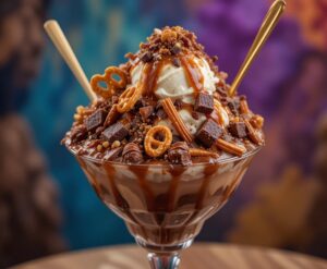 Dahl-licious-Scrumdiddlyumptious-Ice-Creams-Inspired-By-Roald-Dahl-image-4-Over-the-top-sundae-with-chocolate-caramel-fudge-chunks-pretzels-golden-spoon-Frosted-Fusions