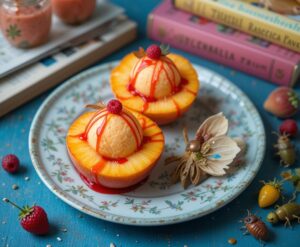 Dahl-licious-Scrumdiddlyumptious-Ice-Creams-Inspired-By-Roald-Dahl-image-5-Vibrant-peach-sorbet-in-hollowed-peach-halves-with-raspberry-drizzle-childrens-books-to-the-side-Frosted-Fusions