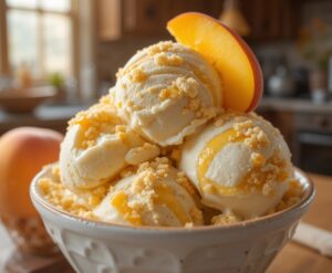 Southern-Inspired-Ice-Creams-To-Get-You-Toe-Tappin-For-Country-Music-Day-image-2-Peach-cobbler-ice-cream-with-peach-slice-and-crumble-topping-Frosted-Fusions