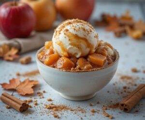 Why-Dont-We-See-Apple-Ice-Cream-And-Clever-Ways-To-Make-It-Work-image-5-Bowl-of-caramelised-apple-compote-topped-with-vanilla-ice-cream-caramel-drizzle-and-crumble-Frosted-Fusions