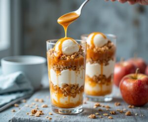 Apple-Crumble-Ice-Cream-Dessert-Image-4-tall-glasses-of-apple-crumble-ice-cream-dessert-with-buttery-caramel-drizzle-Frosted-Fusions