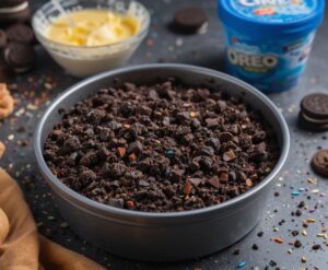 Scarily Easy Halloween Ice Cream Cakes Image 4 – Oreo crumb base in cake tin with bowl of vanilla ice cream and sprinkles Halloween dessert preparation Frosted Fusions