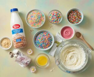 Rainbow-Ripple-Funfetti-Ice-Cream-Image-4-Ingredients-flatlay-with-sprinkles-condensed-milk-and-whipped-cream-base-Frosted-Fusions