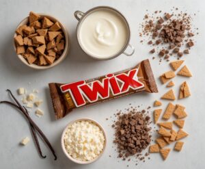 Twix Ice Cream Sandwich A Frozen Twist On A Classic Chocolate Bar Image 5 flatlay of Twix bar with chopped biscuit chocolate chunks vanilla cream for homemade Twix ice cream Frosted Fusions