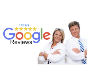 Two real estate agents standing with arms crossed beside a 5-star Google Reviews logo.