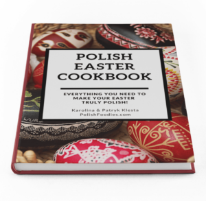 Cover of 'Polish Easter Cookbook' featuring decorated Easter eggs, with a subtitle 'Everything You Need to Make Your Easter Truly Polish!' by Karolina & Patryk Klesta. Explore delightful Polish food recipes that will make this cookbook an essential for your festive celebrations.