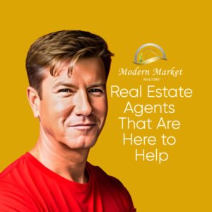 Modern Market REALTORS® badge featuring a man in a red shirt with light-brown hair, set against a gold background with the text 'Real Estate Agents That Are Here to Help.'