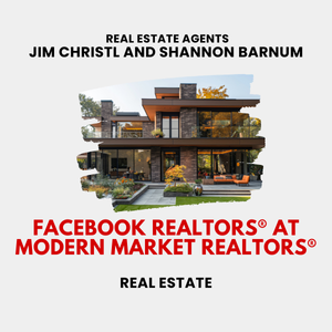 Graphic promoting Facebook REALTORS® at Modern Market REALTORS®, featuring Jim Christl and Shannon Barnum with a modern home image and bold red headline text.