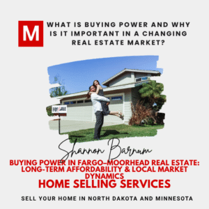 Marketing graphic with red ‘M’ logo and a photo of a happy couple celebrating in front of a house with a for-sale sign, titled ‘What is Buying Power and Why Is It Important in a Changing Real Estate Market?’ and ‘Buying Power in Fargo–Moorhead Real Estate: Long-Term Affordability & Local Market Dynamics,’ promoting Shannon Barnum and Home Selling Services in North Dakota and Minnesota