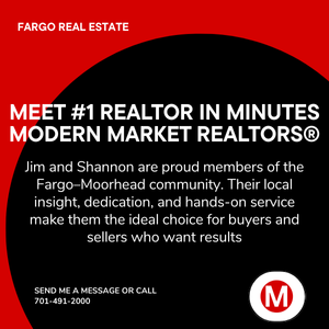 A red and black Modern Market REALTORS&reg; promotional graphic with the headline &ldquo;Meet #1 Realtor in Minutes,&rdquo; highlighting Jim and Shannon as trusted Fargo&ndash;Moorhead real estate experts with hands-on local service.