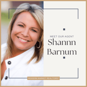 Portrait of Shannon Barnum, a smiling blonde woman in a white jacket, next to the text “Meet Our Agent Shannon Barnum” with the Modern Market REALTORS® logo.