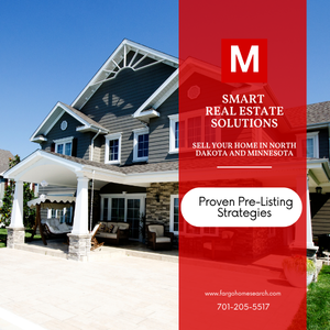 Two-story suburban home with gray siding, stone pillars, and a covered porch under a clear blue sky, overlaid on the right by a semi-transparent red panel displaying a white “M” logo, the text “SMART REAL ESTATE SOLUTIONS,” “Sell your home in North Dakota and Minnesota,” a button reading “Proven Pre-Listing Strategies,” and the URL and phone number at the bottom.