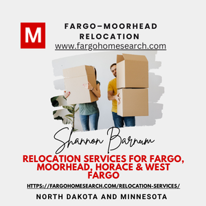 Modern Market REALTORS® graphic promoting Shannon Barnum’s relocation services for Fargo, Moorhead, Horace, and West Fargo; couple carrying moving boxes; link to fargohomesearch.com/relocation-services; serving North Dakota and Minnesota.