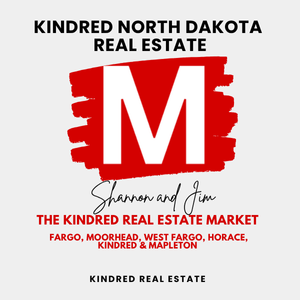 Kindred North Dakota Real Estate graphic featuring the Modern Market REALTORS® red “M” logo with Shannon and Jim branding, highlighting The Kindred Real Estate Market and nearby cities Fargo, Moorhead, West Fargo, Horace, Kindred, and Mapleton.