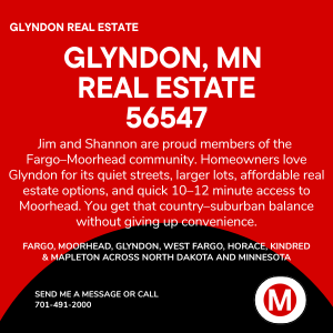 Glyndon, MN real estate graphic with ZIP code 56547, featuring Modern Market REALTORS&reg; branding and a description highlighting Glyndon&rsquo;s quiet streets, larger lots, affordable homes, and quick 10&ndash;12 minute access to Moorhead and the FM metro.