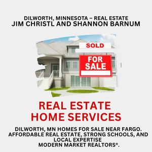 Dilworth Minnesota real estate graphic showing a home with a &ldquo;For Sale&rdquo; sign, promoting real estate home services by Modern Market REALTORS&reg;.