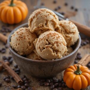 International-Coffee-Day-Treats-–-Pumpkin-Spice-Coffee-Ice-Cream-Recipes-Pumpkin-spice-coffee-ice-cream-scoops-in-rustic-bowl-with-cinnamon-sprinkles-pumpkins-coffee-beans-Frosted-Fusions