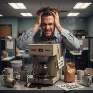 Employee frustrated with old coffee machine ready for upgrade