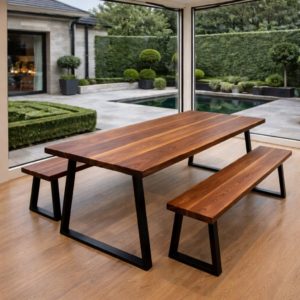Solid walnut dining table with matching benches