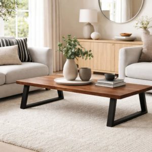 Solid walnut coffee table by the Mensa table company in a modern living room