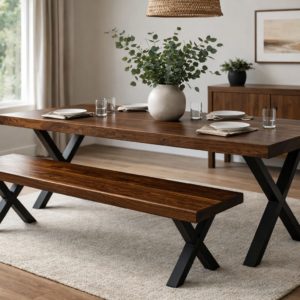 Walnut dining table with matching bench in a modern dining room
