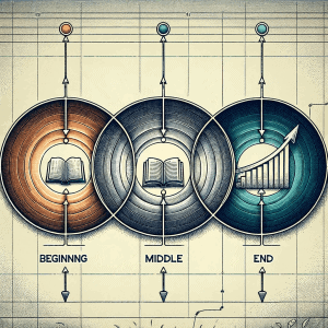  illustration that visualizes the concept of the three key parts of a story: Beginning, Middle, and End, arranged in interconnected circles. 
