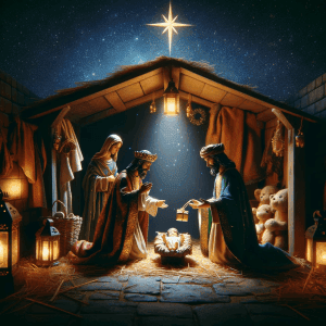 Three wise men bringing gifts to baby Jesus